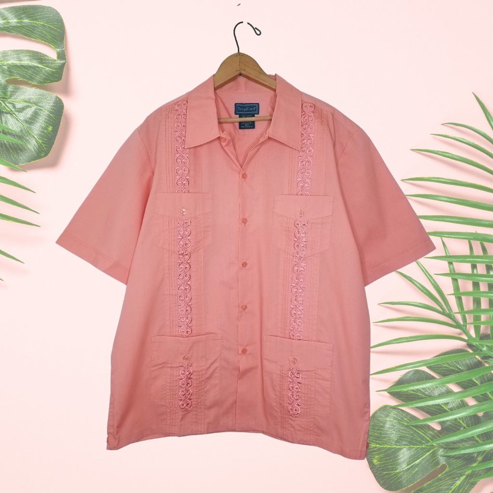 TropiCool Pink Embroidered Button-up Hawaiian Resort Shirt, Medium